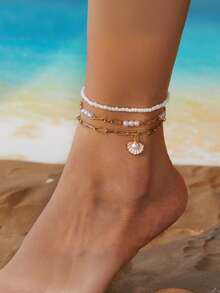 3pcs/Set White Pearl-Beaded Tassel, Starfish & Shell Pendant Anklet, Multilayer Foot Jewelry Suitable For Daily Wear And Beach Vacation - Multicolor - View 5