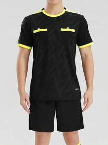 2pcs Sports Referee Uniform, Football, Badminton, Table Tennis Etc. Training Running Breathable Pocket Tee + Quick Dry Sports Shorts, Suitable For Training Matches, With Pockets And Elastic Waist