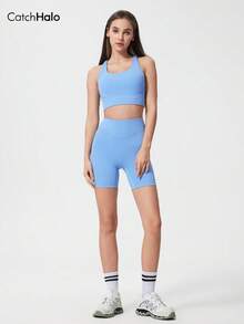 Quần short yoga nữ cạp cao không đường may, co giãn 4 chiều, nâng mông, nhẹ và ôm sát, thấm hút mồ hôi, định hình vòng ba, thoáng khí, nhanh khô. - Màu xanh nhạt - Xem 7