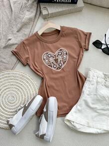 Camiseta Feminina algodão estilo simples Grande Coração Gota D'água
