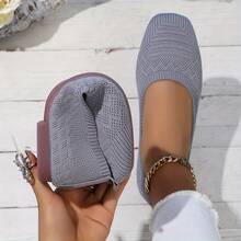 Women'S Black Woven Fabric Slip-On Flats - Casual Square Toe Shoes For Indoor & Outdoor Wear, All-Season Comfort With Rubber Sole, Breathable & Stylish Design - 格雷奶奶 - 查看 1