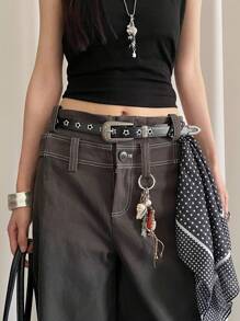 1pc Women's Black PU Leather Minimalist Engraved Metal Buckle Star Cutout Decor Casual Office Belt