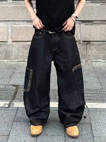1 chiếc quần jeans ống rộng dáng suông thời trang họa tiết da báo dành cho nam, phong cách đường phố (không bao gồm thắt lưng và phụ kiện) - màu đen - Xem 2