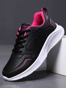 1 Pair Women's Waterproof Sports Shoes, Leather-Like Black, Lightweight Casual Running Traveling Shoes, Summer 2024 New Arrivals, Genuine Product, Simple Solid Color, Comfortable Breathable Running Shoes, Also Available In White Lace-Up Casual Non-Slip Road Running Shoes - Black - View 5