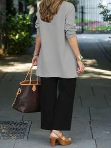 3pcs/Set Women Casual Solid Color Outfit: Jacket Cardigan + Round Neck Sleeveless Tank Top + Elastic Waist Draped Pocket Straight Leg Pants, Spring/Autumn/Winter