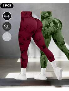 2 Pack Tie Dye High Waist Workout Leggings Sets For Women, Gym Pants, Yoga, Scrunch Butt, Butt Lifting Seamless Leggings - 勃根地紅+軍綠 - 查看 1