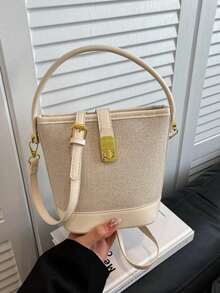 1个时尚撞色帆布水桶包，配有可调节肩带 - 彩色 - 查看 13