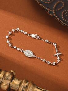 1件手工串珠圣母玛利亚宗教手链，银色，适合送给朋友、女朋友，女性日常及节日佩戴 - 銀色 - 查看 3