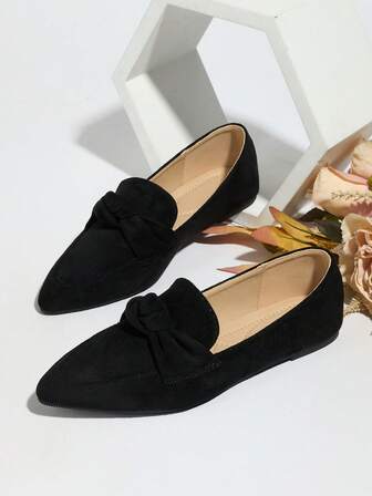 2025 新款春秋简约百搭蝴蝶结尖头平底黑色一脚蹬柔软舒适乐福鞋