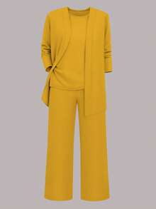 Conjunto informal de 3 piezas para mujer: chaqueta de cárdigan simple, top de tirantes cuello redondo y pantalones de cintura elástica con corte holgado, apto para primavera, otoño e invierno en la oficina o para el día a día