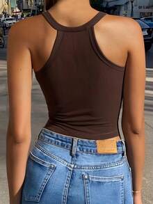 1 Áo ba lỗ dây mảnh màu trơn, thoải mái, tối giản, thường ngày, thường ngày, cắt cúp, có đệm ngực cố định, vừa vặn, tập luyện - màu nâu - Xem 7