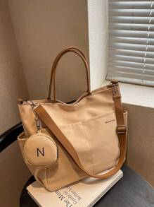 Bolso tipo tote de gran capacidad unisex con monedero 1 pieza, nuevo estilo coreano para estudiantes universitarios y de escuela secundaria, bolso casual, bolso cruzado de hombro, bolso de lona, bolso inclinado, bolso para mujer con monedero, bolso escolar para compras, vacaciones, bolso de tote con cremallera de moda, bolso tote escolar grande, múltiples compartimentos, perfecto para la playa, escuela, trabajo y uso diario