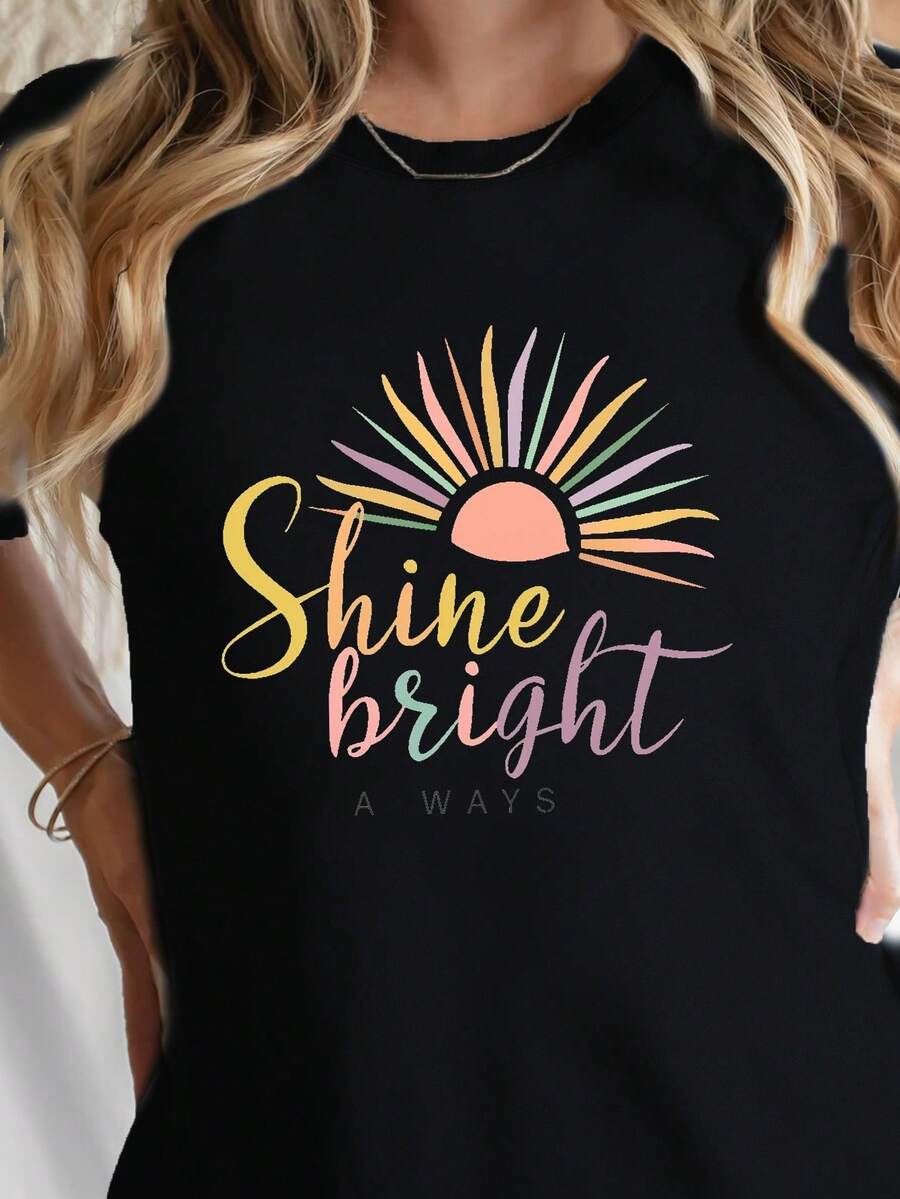 Shine Bright Always Sunburst Print T-Shirt, Casual Short Sleeve Crew Neck T-Shirt For Spring & Summer, Women's Clothing - 黑色 - 查看 1