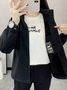 极简休闲户外软壳抓绒外套，女士款，防风防水透气保暖登山运动服，适合徒步、跑步、远足、冬季运动、滑雪等，黑色 - 黑色 - 查看 4