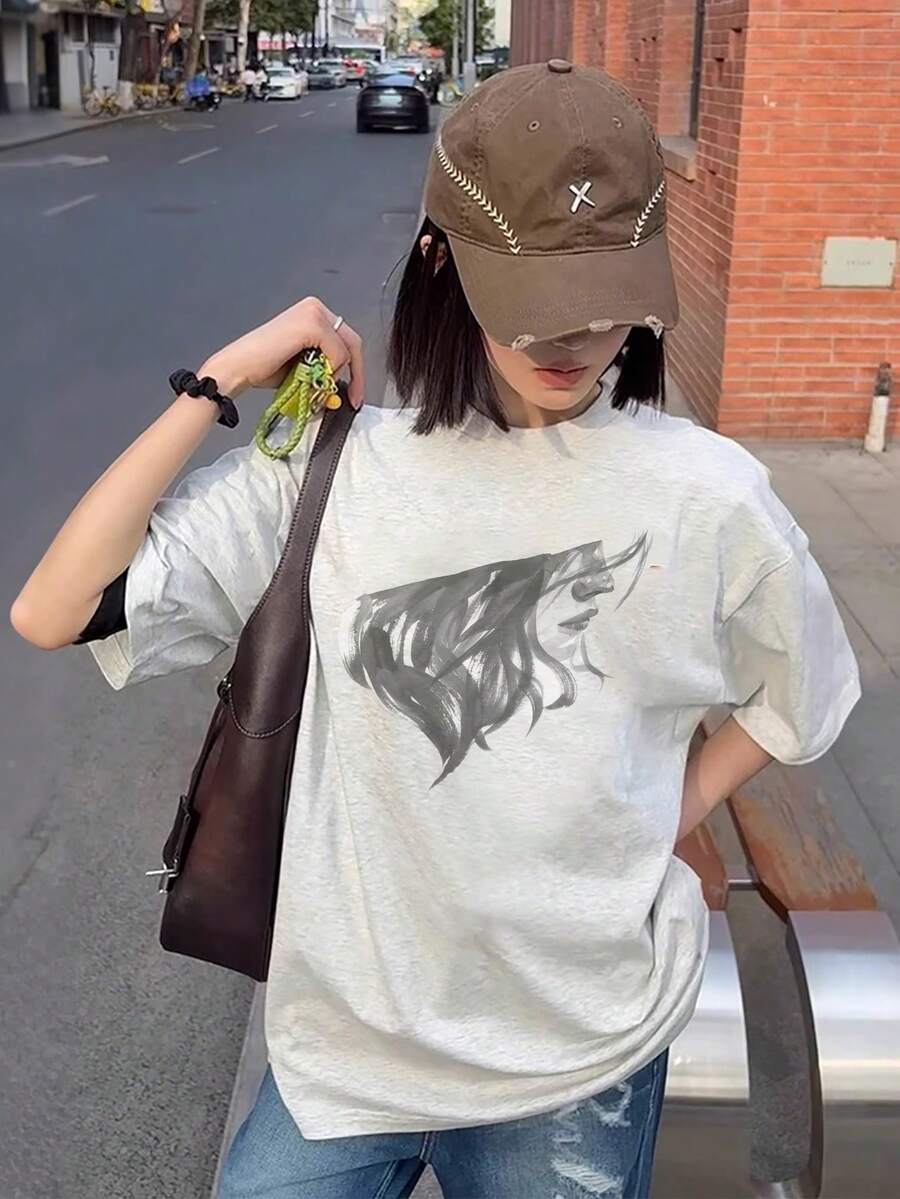 100% Cotton Women's T-Shirt, Short Sleeve, Illustration, Summer New Arrival, Simple And Stylish, Abstract Hair Design On Shirt, Casual, Crew Neck - 淺灰色 - 查看 1