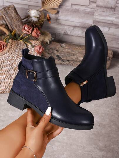 Women's Autumn/Winter Solid Color Mixed Leather & Fleece Buckle Decor Side Zipper Design Boots, Suitable For Commuting, Gathering, Can Be Paired With Coats & Skirts, Versatile, Comfortable Flat, Breathable Lining, Easy-Care Outsole, Fashionable & British Style Ankle Boots,Boots For Women