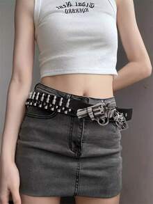 1pc Fashionable Goth Dark Style Black PU Leather Western Buckle Y2K Cowboy Punk Bullet Belt Men For Parties, Proms, Sparkling Decorations Outings, Boyfriend Valentine's Day's Gifts Summer, School Autumn-Winter Accessories,Suitable For Teens, Youth,Men,Casual, Outdoor, Athletic, Vacation, Graduation Gifts, Birthday, Daily Wear - Black - View 5