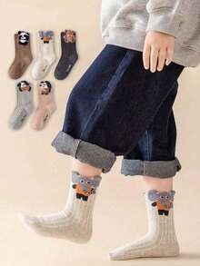 5 Pairs Kids Boys' Cartoon Animal Striped Mid-Calf Socks, Cute Japanese Style High Socks Suitable For Casual Shoes