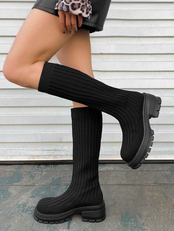 Women's Thick Bottom Stretch Knit Tall Boots, Slimming, Breathable, Versatile, New Autumn 2025 Collection