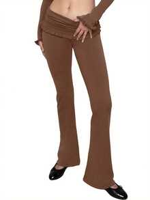 Women's Yoga Flare Pants, Solid Color Ruffled Low Waist Fitness Bootcut Leggings Workout Skinny Trousers - Màu nâu - Xem 4