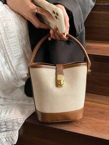 1个时尚撞色帆布水桶包，配有可调节肩带 - 彩色 - 查看 7