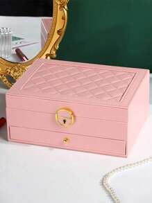 1 pieza Joyero de tres capas de gran capacidad, joyero multifunción de piel sintética (PU), joyero de tres capas con cerradura, joyero portátil, caja de almacenamiento para anillos, aretes y collares, caja de almacenamiento de joyería para tocador con cajón