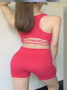 Yoga Basic Seamless High Stretch Sports Bra With Biker Shorts,color aleatorio - Rosa Fucsia - Ver 1