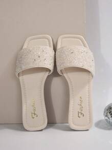 Women's One-Toe Crystal Decor Sandals, Casual Versatile Outdoor Plastic Flat Slippers