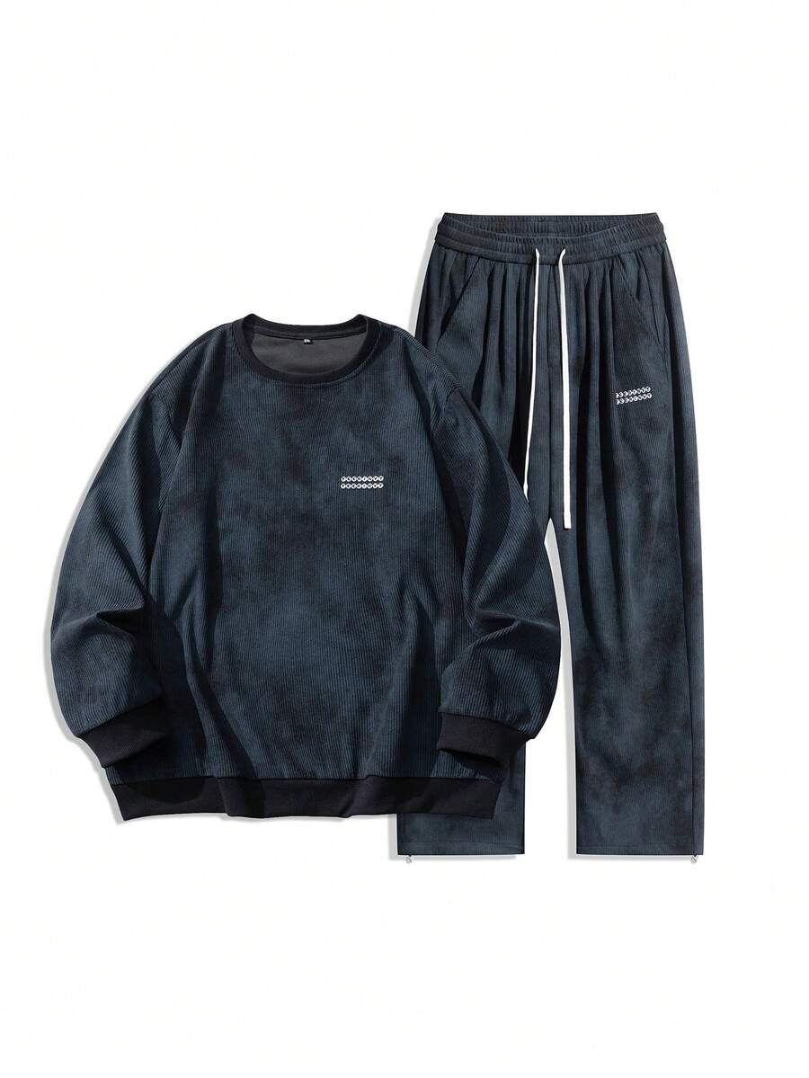 加大码羊毛衫和裤子套装,刺绣圆领运动衫,直筒休闲裤,适合秋冬季 - 黑色 - 查看 1