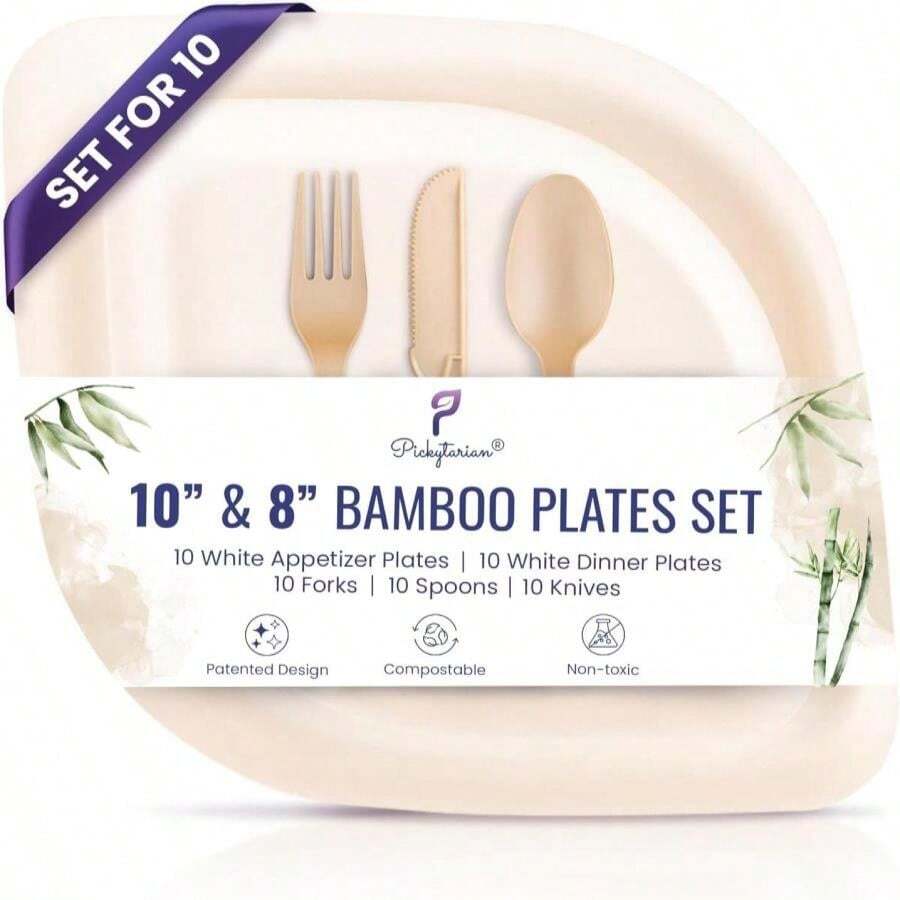 Fancy White Disposable Plates For Parties, Weddings, Catering - 50pcs - Premium -Friendly Dinnerware Set (10 Each: 8" Appetizer 10" Dinner Plates, Forks, Spoons, Knives) - Very Sturdy - Pickytarian - Tableware Set for 10 (50 Pieces) - View 1