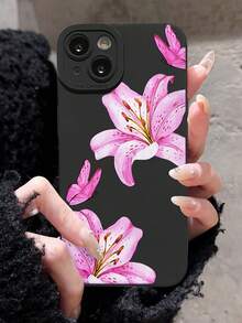 1pc INS Style Pink Floral Lily Flower & Butterfly Pattern Black Soft Anti-Slip Phone Case, Compatible With IPhone Case & Galaxy Case, Fits IPhone 13, 15, 16 Pro Max, IPhone 16, IPhone 14, IPhone 16 Plus, Galaxy Cases - Multicolor - View 1