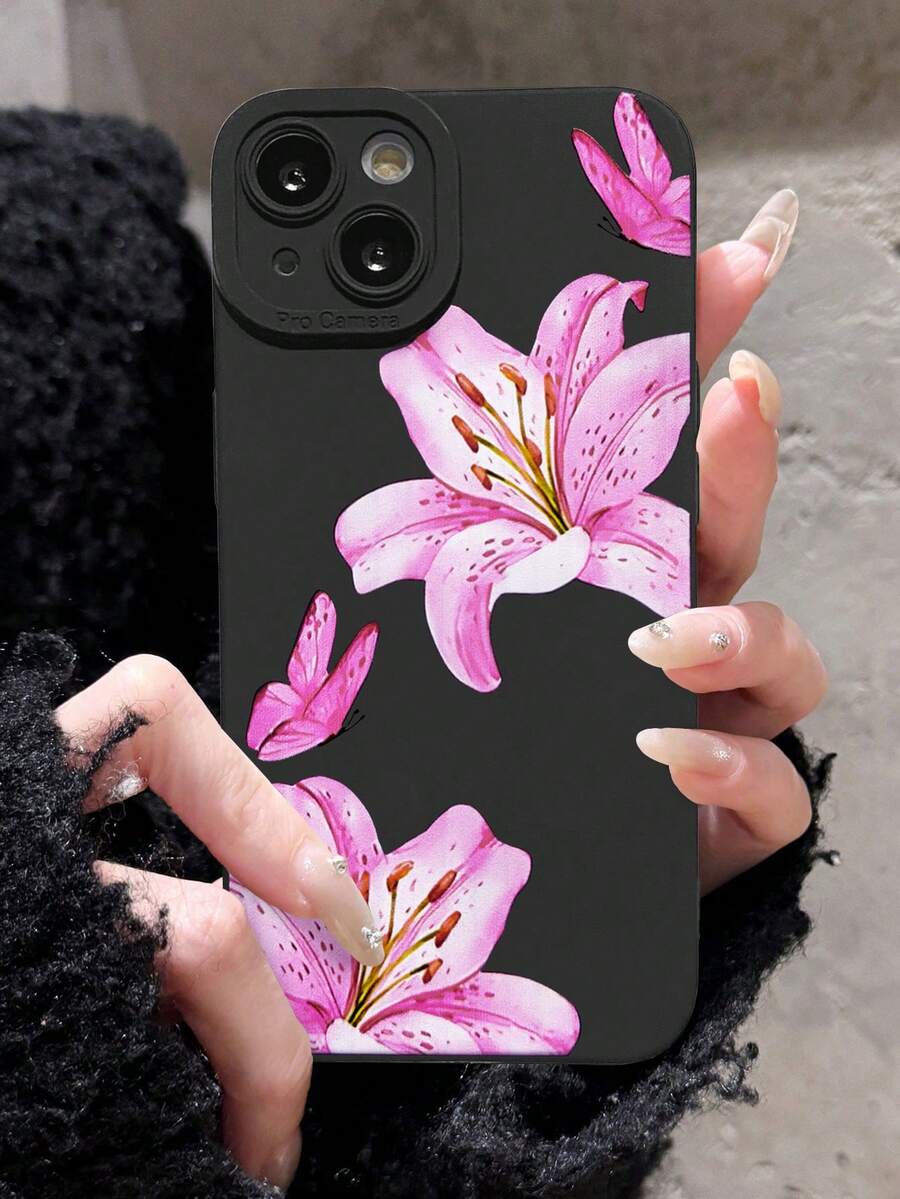 1pc INS Style Pink Floral Lily Flower & Butterfly Pattern Black Soft Anti-Slip Phone Case, Compatible With IPhone Case & Galaxy Case, Fits IPhone 13, 15, 16 Pro Max, IPhone 16, IPhone 14, IPhone 16 Plus, Galaxy Cases - Multicolor - View 1
