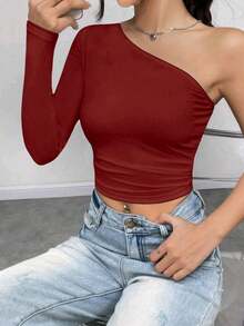 Women's Cropped Top T-Shirt Blouse With One-Shoulder Neckline Suplex Fabric Ideal For Going Out On Casual Romantic Elegant And Sophisticated Dates - 酒紅色 - 查看 1