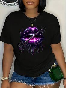 Camiseta estampada de manga corta y cuello redondo en talla grande - Negro - Ver 2