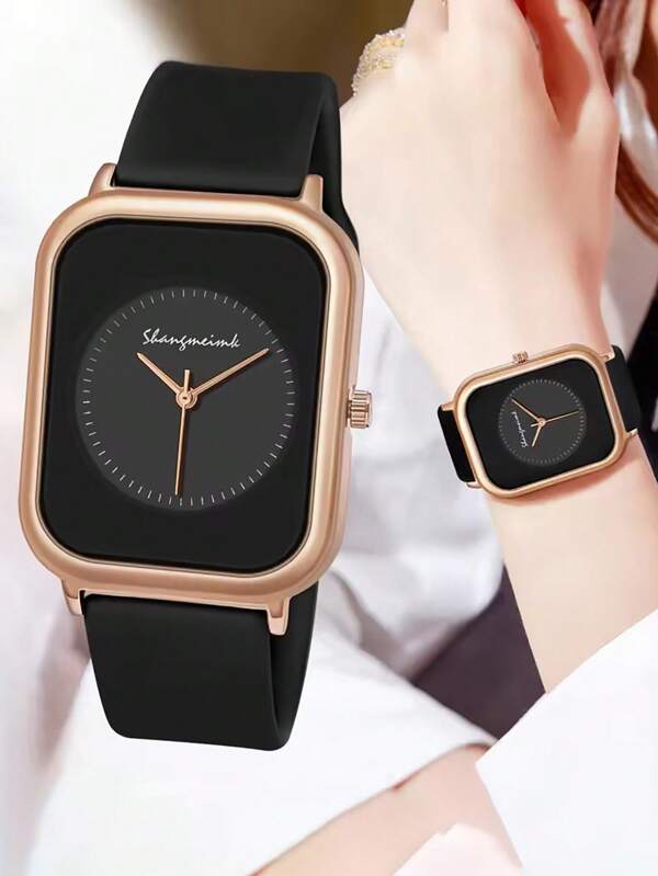 1pc Women Stylish Minimalist Elegant Rectangular Case Silicone Strap Quartz Wristwatch, Suitable For Sports & Daily Wear, Black