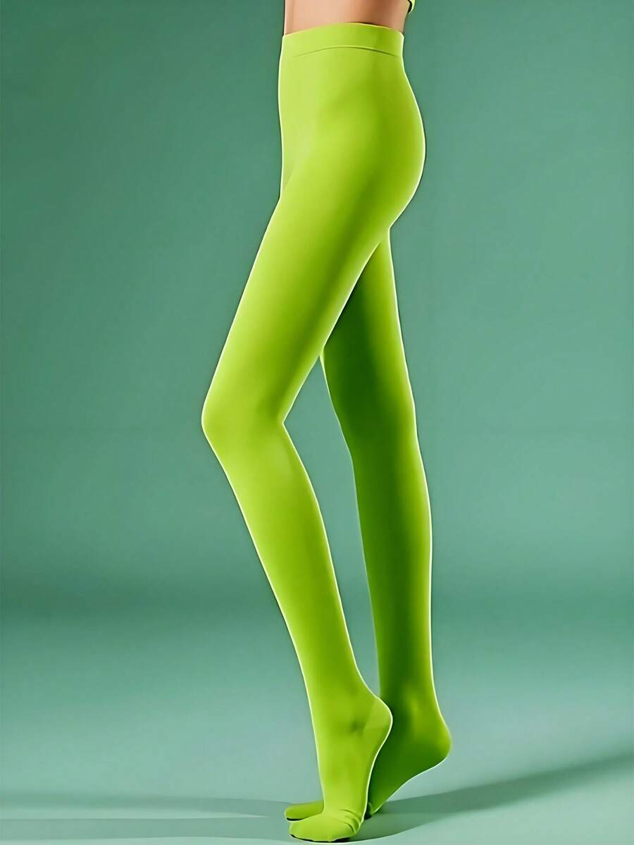 1 Pair Of Women's Spring And Summer Velvet Fluorescent Green Tights, Solid Color, Knitted Fabric, Suitable For Daily Casual Wear, Cozy - Green - View 1
