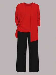 Conjunto de 3 piezas para mujer, que incluye chaqueta tipo cárdigan de unicolor, blusa sin mangas de cuello redondo y pantalones rectos con bolsillo con drapeado de cintura elástica, conjunto casual para ir al trabajo en primavera, otoño e invierno