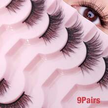9 Pares de Cílios Postiços Estilo Olho de Gato Curtos e Macios de Fio e Meia Pálpebra, Falsos de Mink 3D, Adequados para Maquiagem Natural, Tiras de Cílios, Cílios, Cílios Postiços