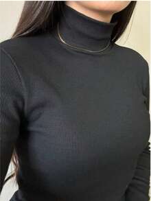 Long Sleeve Blouse High Neck Ribbed Cotton Fits M,G Simple Knitted Daily - 黑色 - 查看 2