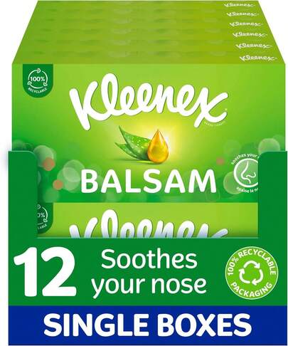 ® Balsam Facial Tissues - Pack Of 12 Tissue Boxes - Balm Tissues Protect And Soothe Your Nose When You've Got A Cold - Balmcare® With Aloe Vera, Vitamin E And Calendula