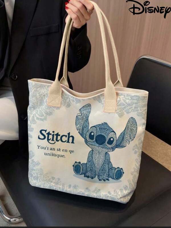 Disney 1 pieza Bolso de tela tipo 'tote' con estampado del personaje Stitch de la serie Disney, bolso de lona japonés de gran capacidad, bolso casual de estudiante unisex