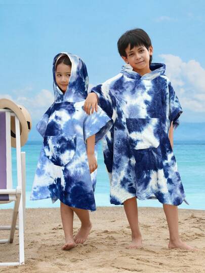 1pc Beach Towel With Pocket, Hooded Swim Cape, Essential For Beach & Bath, Handmade Tie-Dye Bathroom Towel, Random Tie-Dye Design, Summer Holiday Essential, Super Absorbent Microfiber Fabric, Lightweight & Comfortable, Soft Material, Non-Irritating