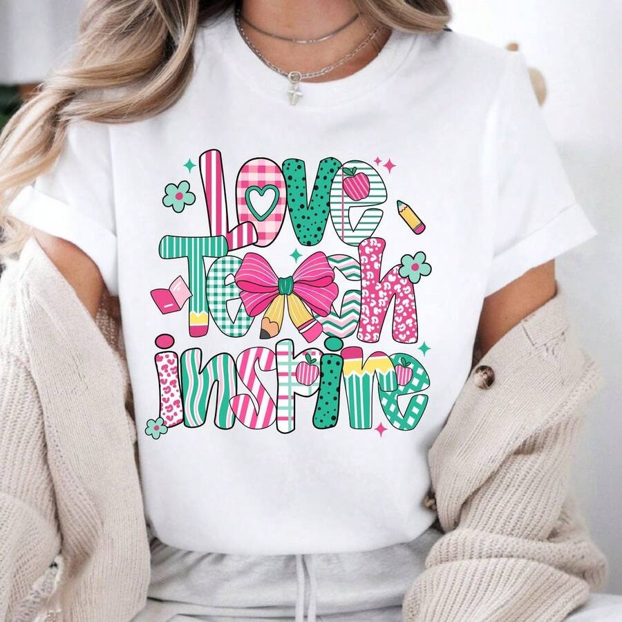 Love Teach Inspire Shirt, Teacher Shirt, Back To School Shirt, Teacher Appreciation Gift, Cute Teacher Tee, Preschool, Kindergarten, - White - View 1