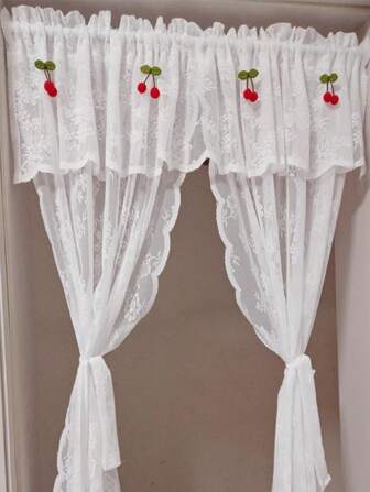 1 pezzo di Tenda a volant in pizzo bianco per cucina/camera da letto, tenda a volant da finestra senza bisogno di trapanare, stile principessa, decorazione con ciliegie (cordino non incluso)
