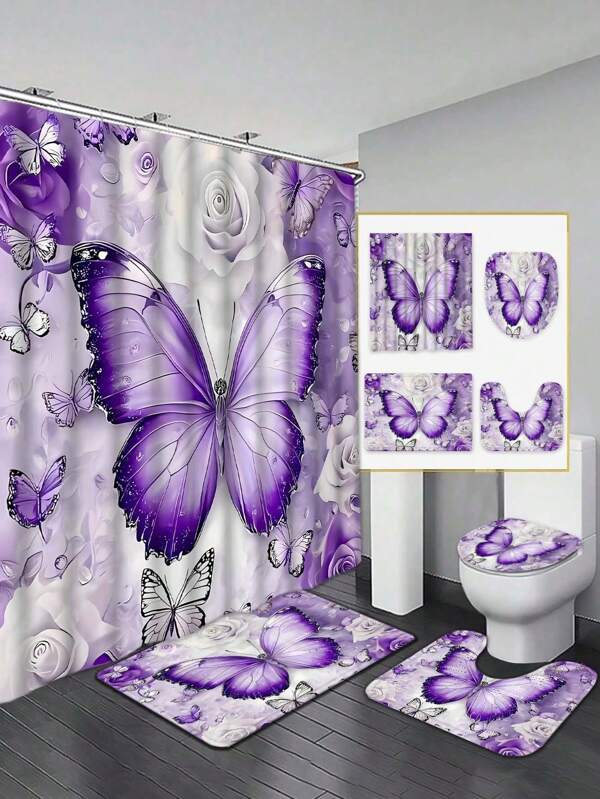 1/4pcs Butterfly Pattern Decor Purple Bathroom Window Curtain Shower Set, Elegant Ladies Bathroom Decor Curtain, Washable Polyester Fabric, Includes 12 Waterproof Polyester Hooks, Anti-Slip Bath Mat And U-Shaped Toilet Seat Cover, Suitable For Bathroom, Home And Room Decor, Ideal Delicate Gift For Friends