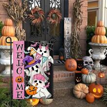 1 件万圣节鬼魂花园旗帜 - 12x18 英寸恐怖粉色幽灵涤纶庭院横幅，复古闹鬼门廊装饰，防水户外万圣节装饰，单面恐怖草坪旗帜，适用于前院和派对