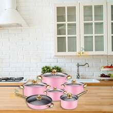 Set de Cocina de Acero Inoxidable de 12 Piezas, Set de Cocina de Acero Inoxidable, Set de Cocina Multiusos, Set de Cocina Completamente Envuelto con Tapa de Vidrio con Mango Térmico, Apto para Lavavajillas, Diseñado Ergonómicamente - Rosa - Ver 4