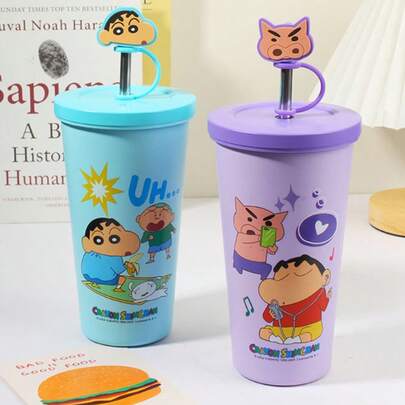 635ml/21oz Crayon Shin Chan Doll Thermos Cup Insulation Bottle Anime Cartoon Large-Capacity Desktop Straw Cup Stainless Steel Coffee Mug Tumbler Birthday Gifts