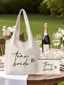 新娘帆布手提袋兼化妆包 - 印有“新娘”字样，新娘图案拉链化妆包，个性化新娘礼物，完美适用于婚礼、新娘送礼会、单身派对、订婚、蜜月、伴娘礼物、新娘纪念品、情人节礼物、海滩 - 彩色 - 查看 1