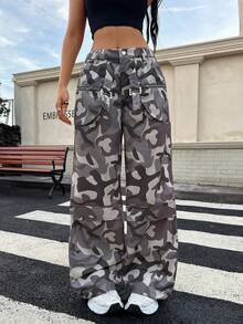 VIBEWAVE 复古美式嘻哈迷彩工装裤，宽松直筒高街多口袋设计休闲裤女 - 彩色 - 查看 5